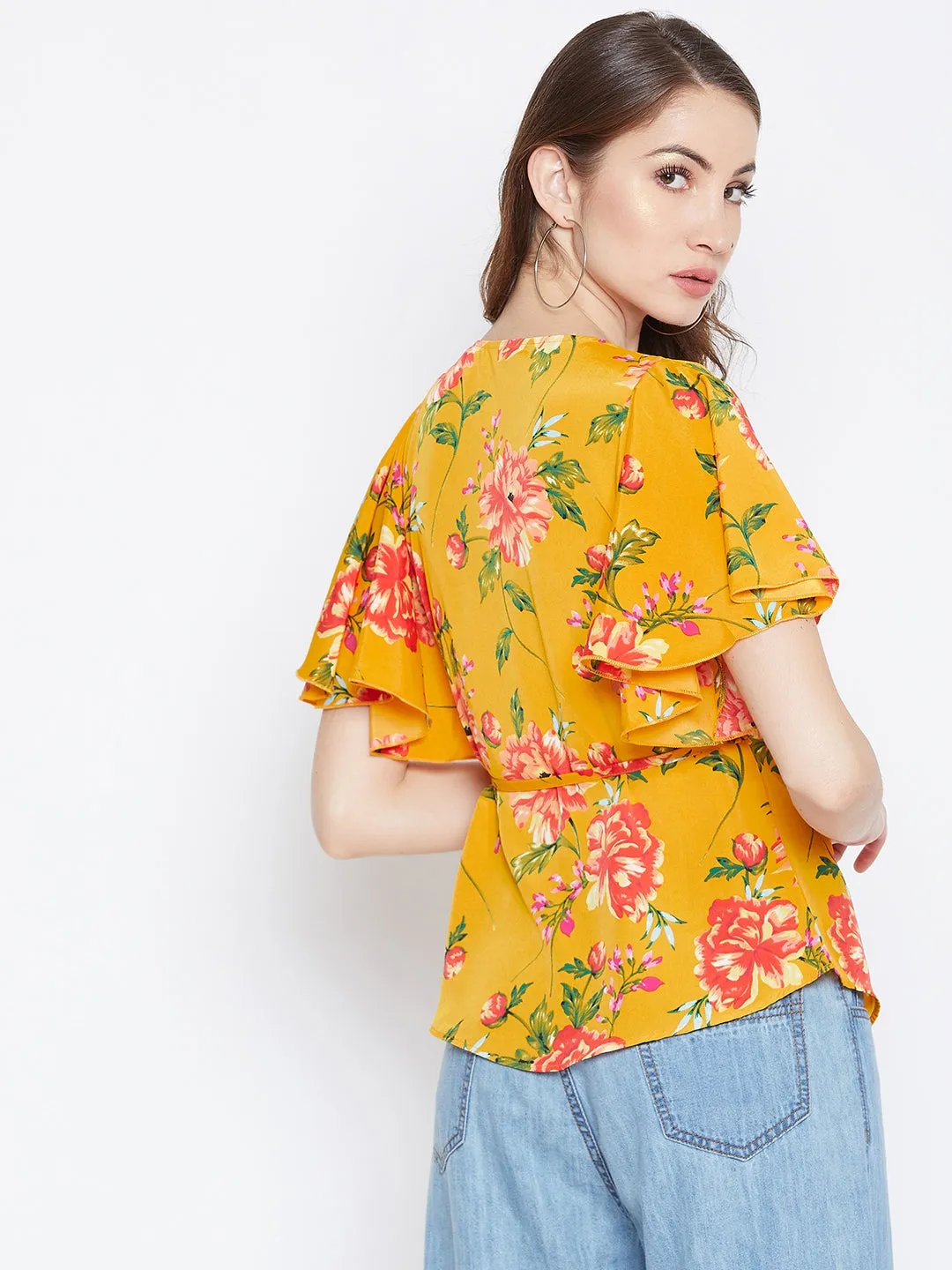 Berrylush Women Mustard Yellow & Pink Floral Printed V-Neck Waist Tie-Up Wrap Top