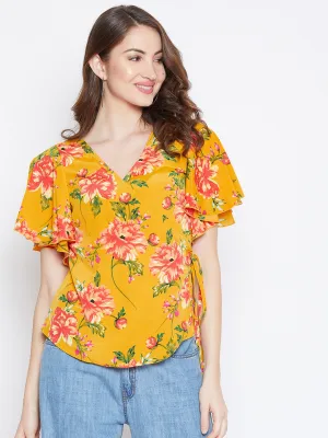 Berrylush Women Mustard Yellow & Pink Floral Printed V-Neck Waist Tie-Up Wrap Top