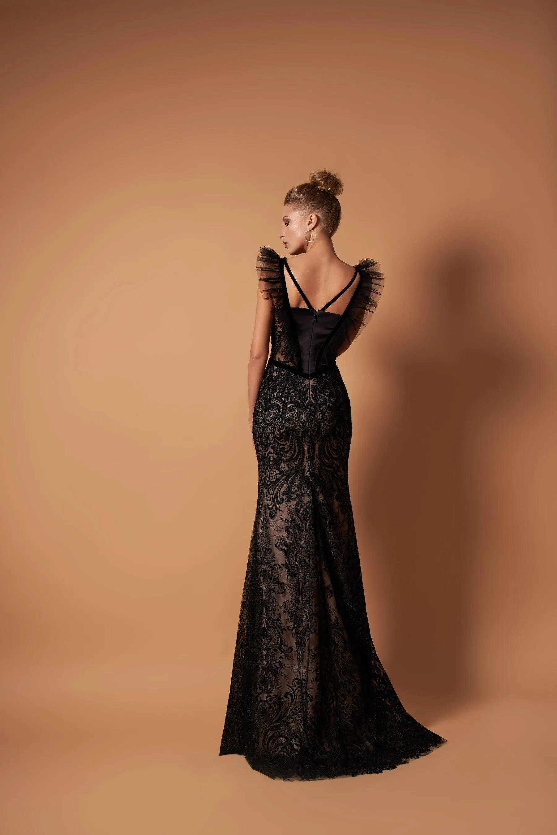 Black Couture Gown With Ruffled Shoulders