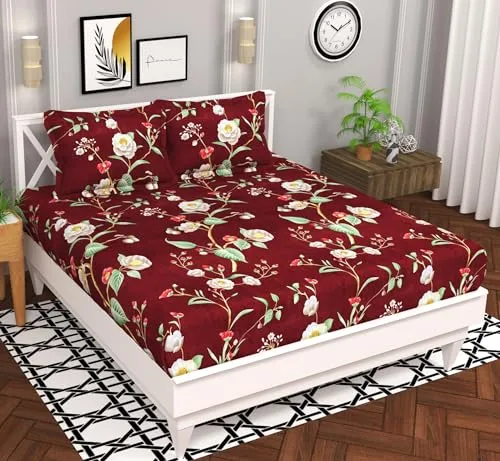 BSB HOME Microfiber 144 TC Aspire 2.O Collections Soft Breathable Wrinklefree Floral Printed Double Bedsheets with 2 Regular Size Pillow Covers, Color Maroon and Green