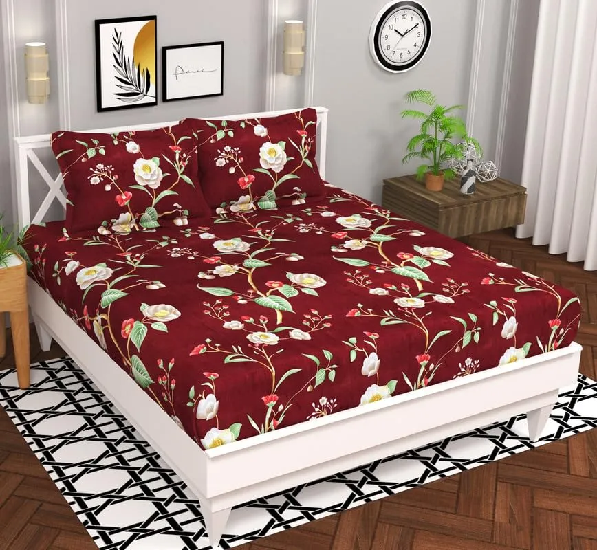 BSB HOME Microfiber 144 TC Aspire 2.O Collections Soft Breathable Wrinklefree Floral Printed Double Bedsheets with 2 Regular Size Pillow Covers, Color Maroon and Green