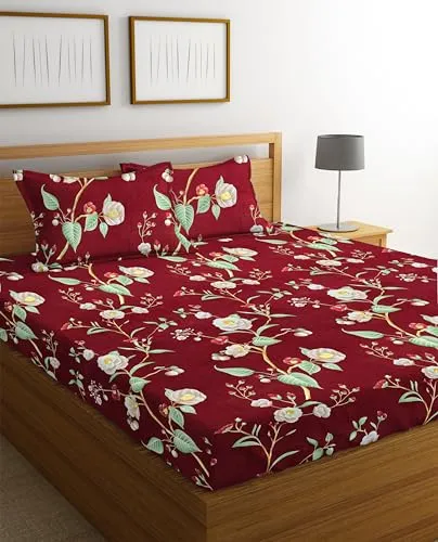 BSB HOME Microfiber 144 TC Aspire 2.O Collections Soft Breathable Wrinklefree Floral Printed Double Bedsheets with 2 Regular Size Pillow Covers, Color Maroon and Green