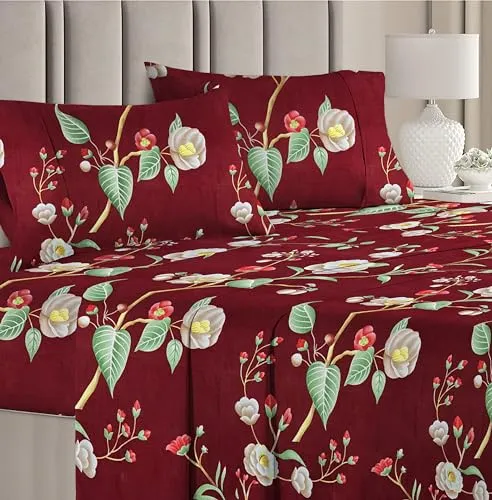 BSB HOME Microfiber 144 TC Aspire 2.O Collections Soft Breathable Wrinklefree Floral Printed Double Bedsheets with 2 Regular Size Pillow Covers, Color Maroon and Green