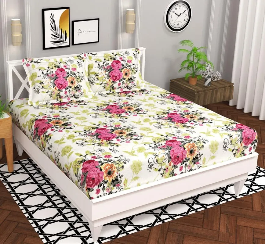 BSB HOME Microfiber 144 TC Aspire 2.O Collections Soft Breathable Wrinklefree Floral Printed Double Bedsheets with 2 Regular Size Pillow Covers, Color White Green Pink Rose