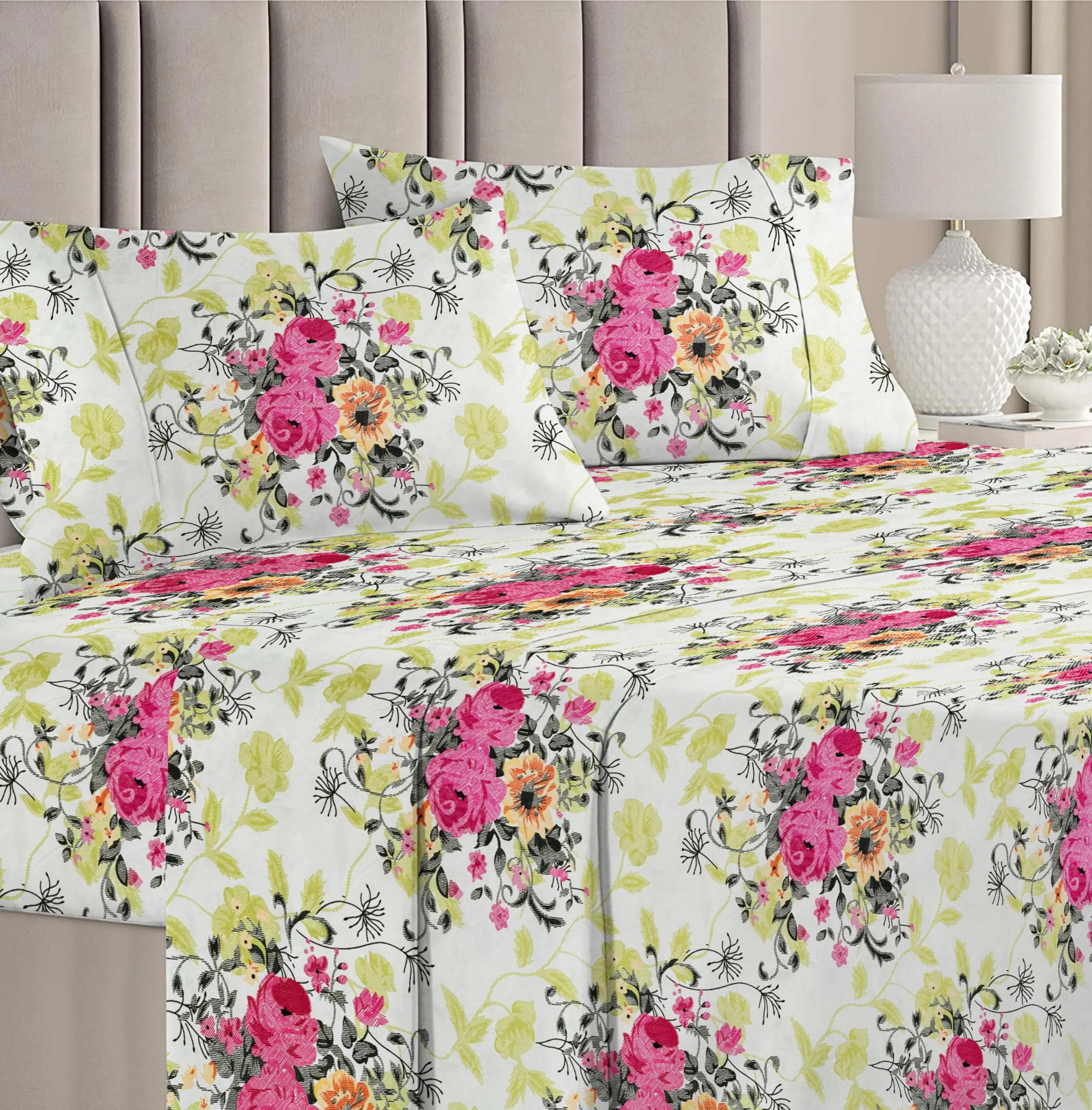 BSB HOME Microfiber 144 TC Aspire 2.O Collections Soft Breathable Wrinklefree Floral Printed Double Bedsheets with 2 Regular Size Pillow Covers, Color White Green Pink Rose