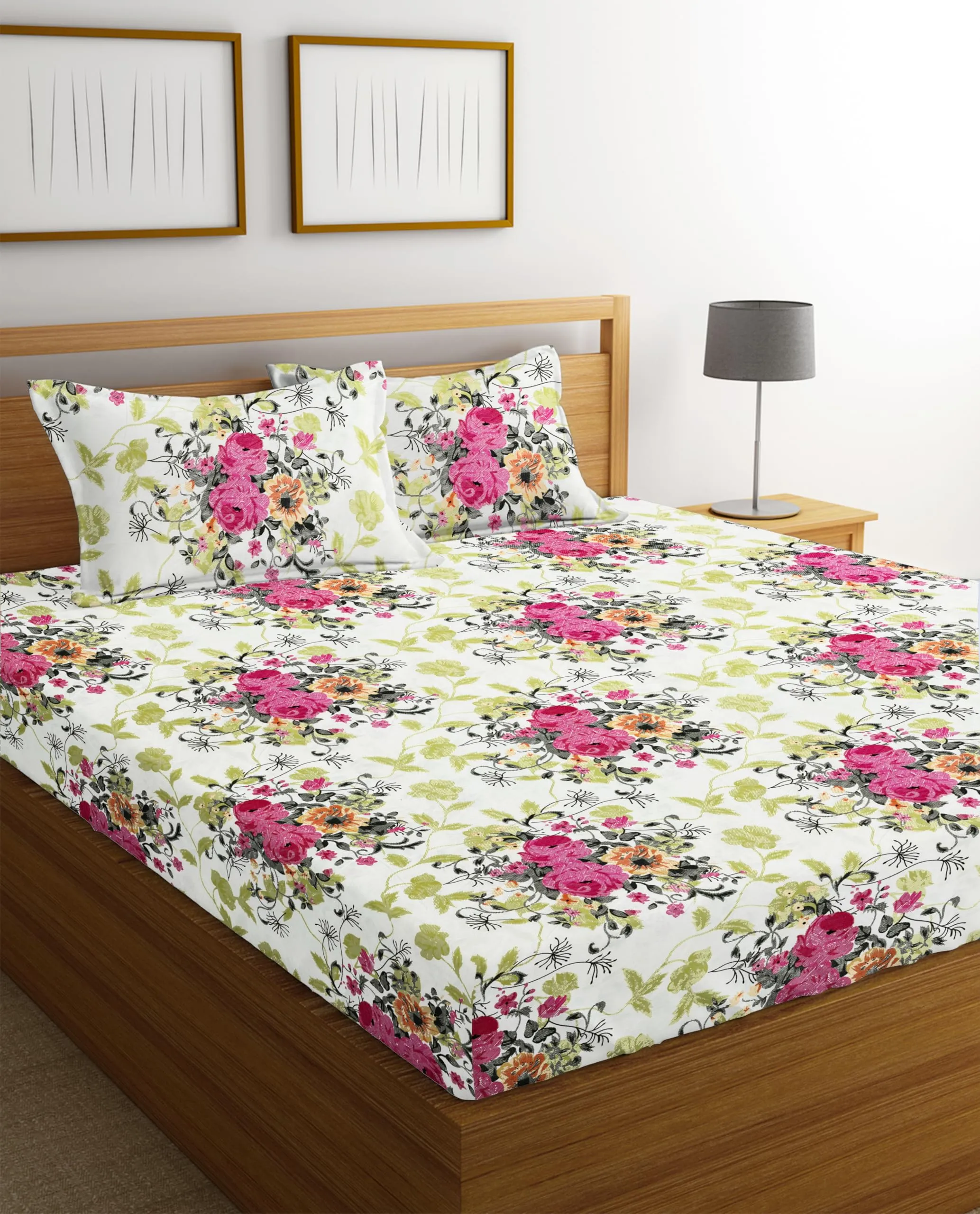 BSB HOME Microfiber 144 TC Aspire 2.O Collections Soft Breathable Wrinklefree Floral Printed Double Bedsheets with 2 Regular Size Pillow Covers, Color White Green Pink Rose