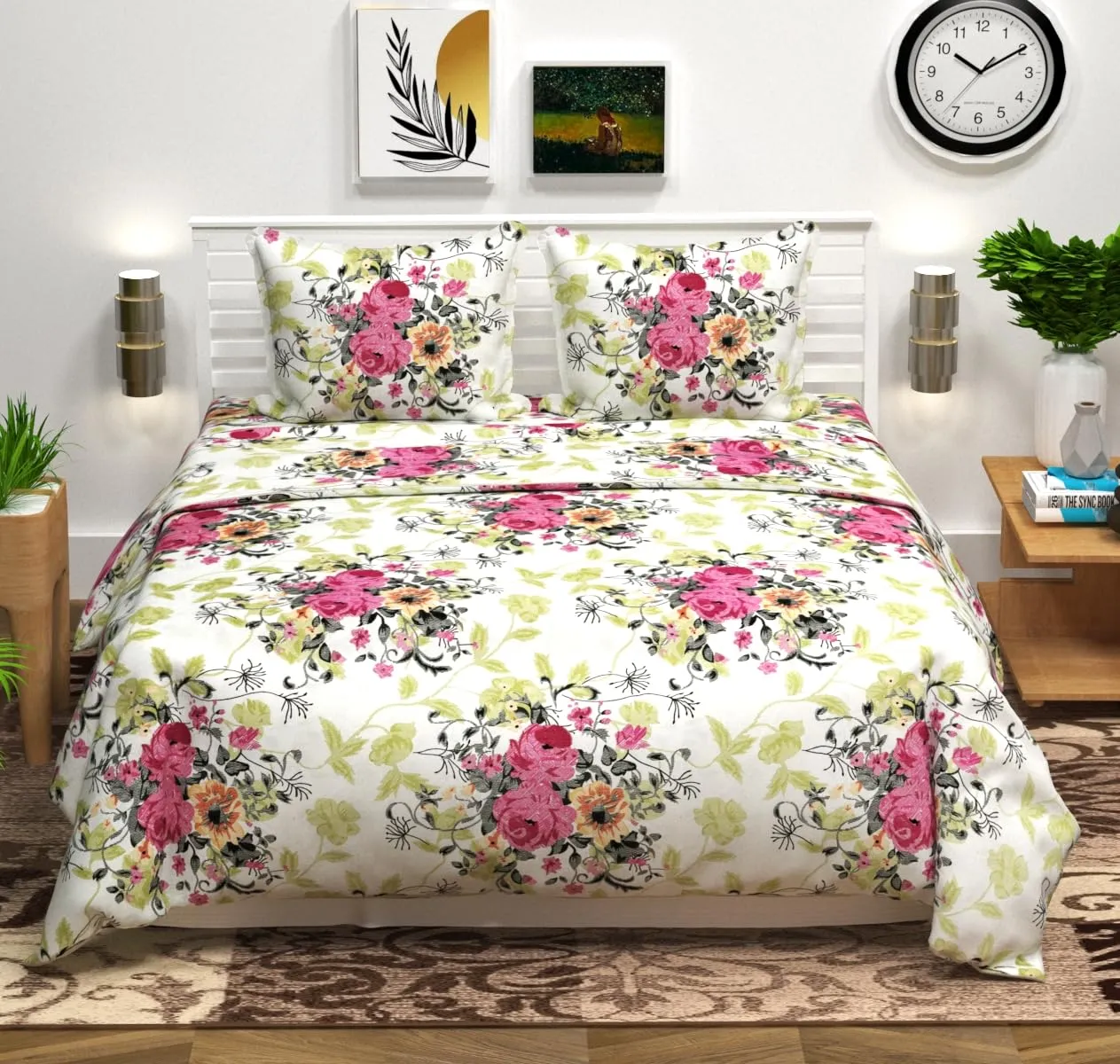 BSB HOME Microfiber 144 TC Aspire 2.O Collections Soft Breathable Wrinklefree Floral Printed Double Bedsheets with 2 Regular Size Pillow Covers, Color White Green Pink Rose