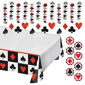 Card Night Party Pack - Red, Black and White Table Cover, Hanging Whirls, and Beverage Coasters Set