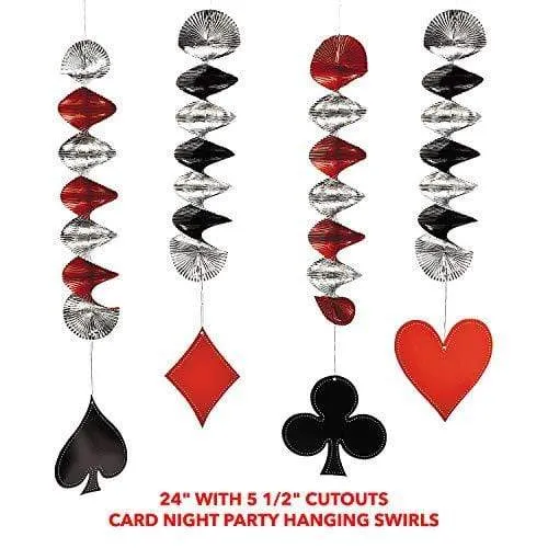 Card Night Party Pack - Red, Black and White Table Cover, Hanging Whirls, and Beverage Coasters Set