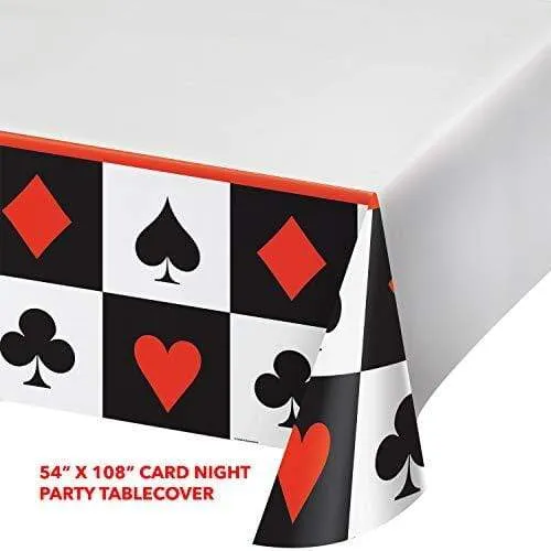 Card Night Party Pack - Red, Black and White Table Cover, Hanging Whirls, and Beverage Coasters Set