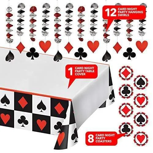 Card Night Party Pack - Red, Black and White Table Cover, Hanging Whirls, and Beverage Coasters Set