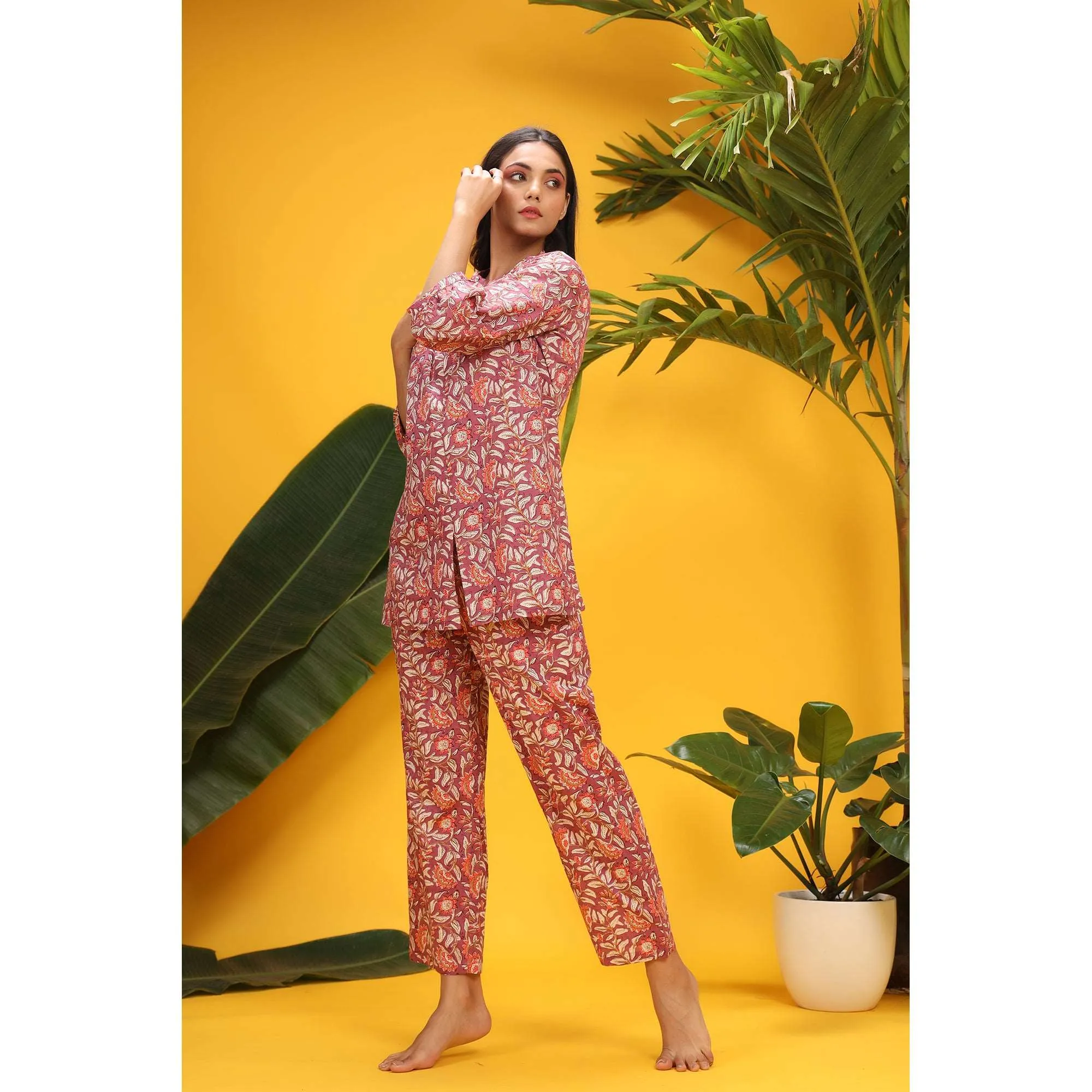 Delicate Jaal On Sangria Loungewear Top Set