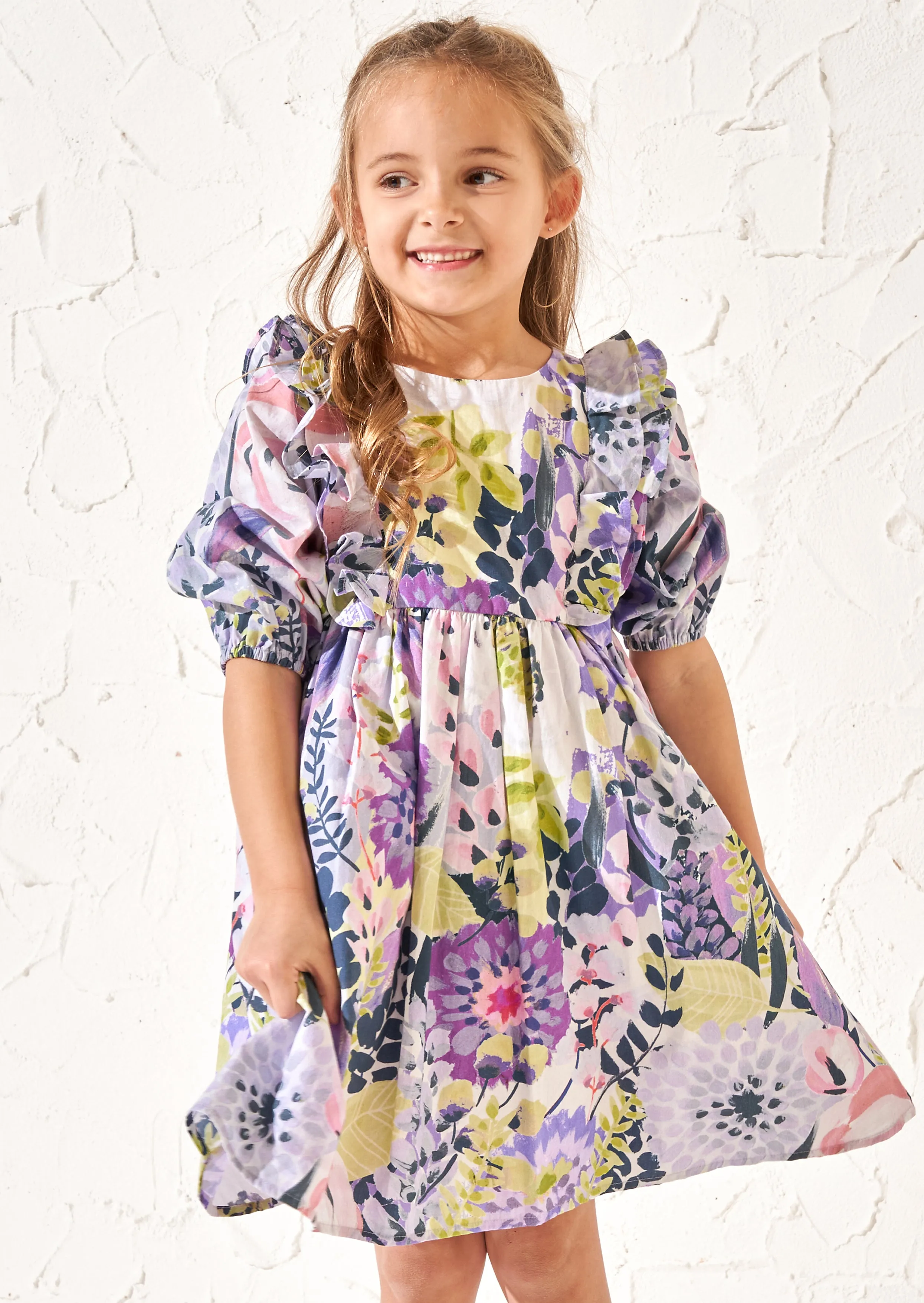 Ellie Orchid Ruffle Print Dress