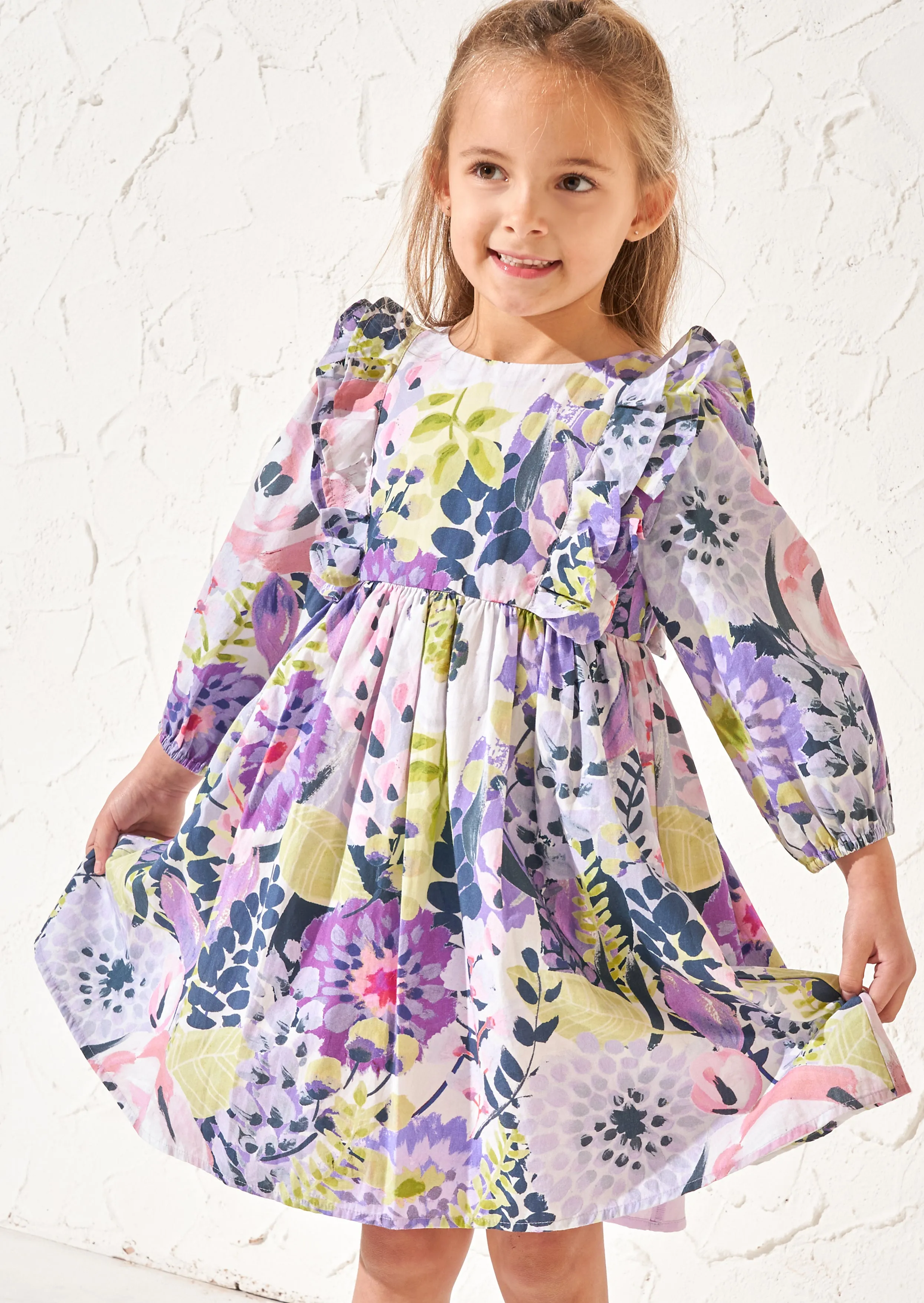 Ellie Orchid Ruffle Print Dress