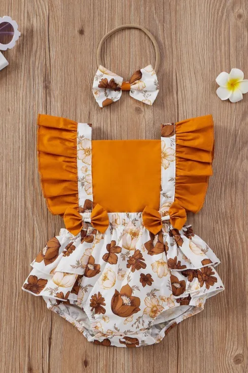 Floral Bowknot Romper with Headband