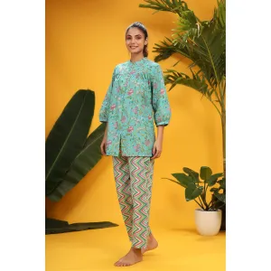 Floral Jaal On Blue Loungewear Top Set