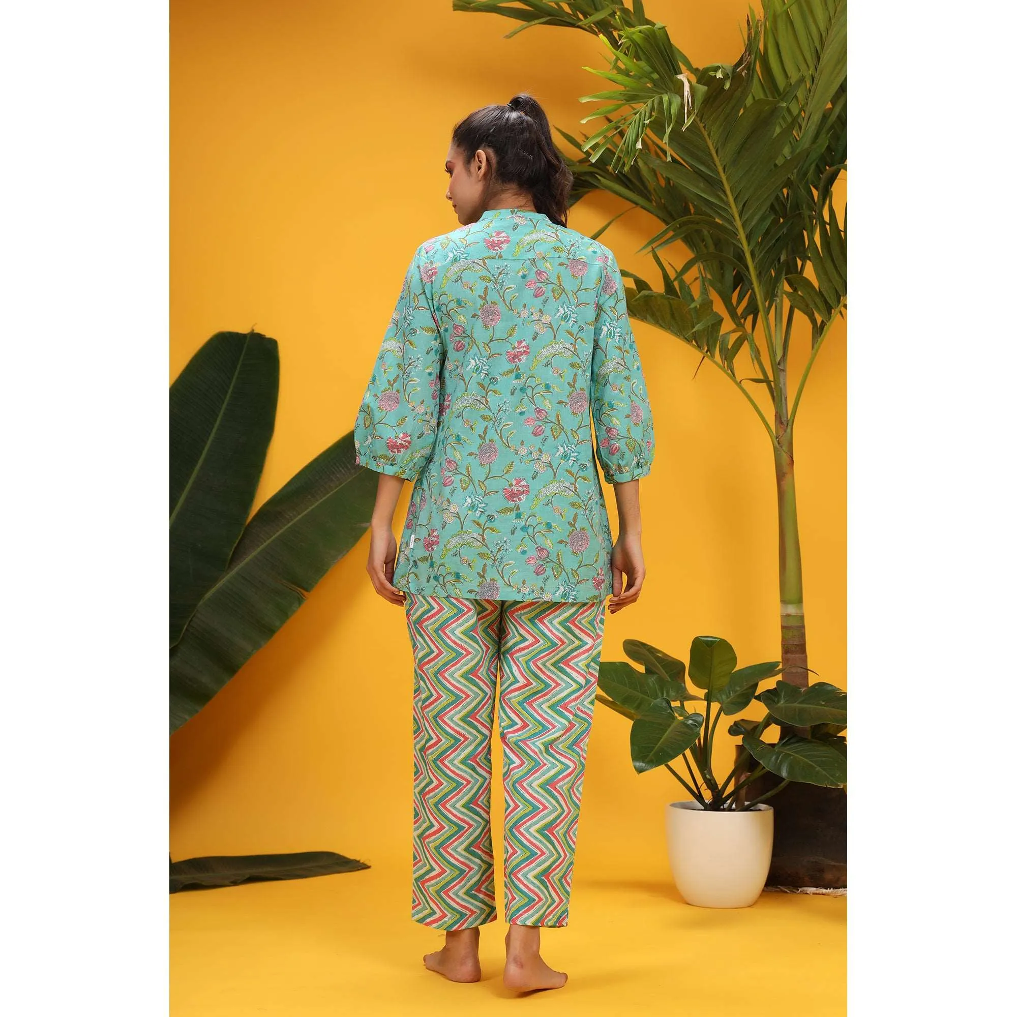 Floral Jaal On Blue Loungewear Top Set