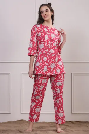 Floral Jaal On Pink Loungewear Top Set