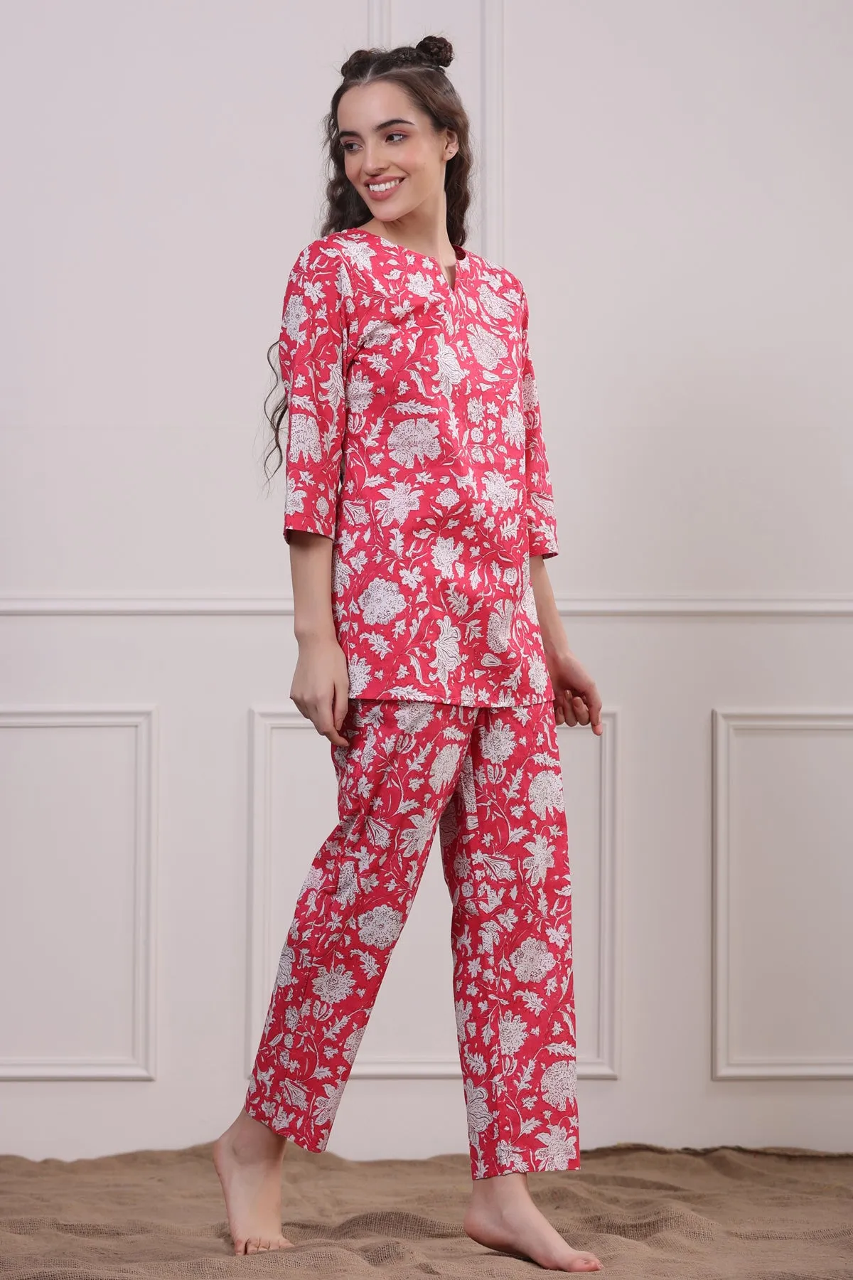 Floral Jaal On Pink Loungewear Top Set