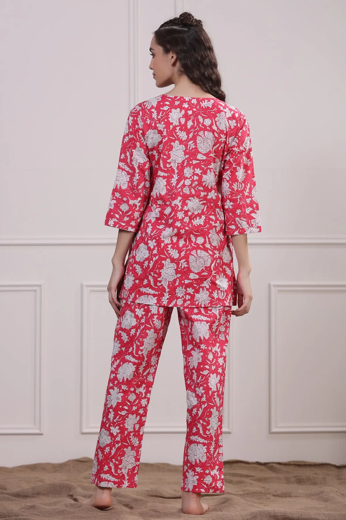 Floral Jaal On Pink Loungewear Top Set