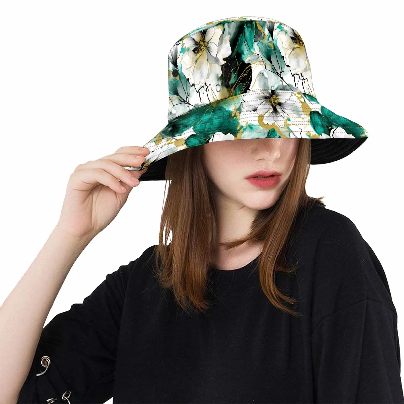 Green and White Ink Floral  Unisex Summer Single-Layer Bucket Hat