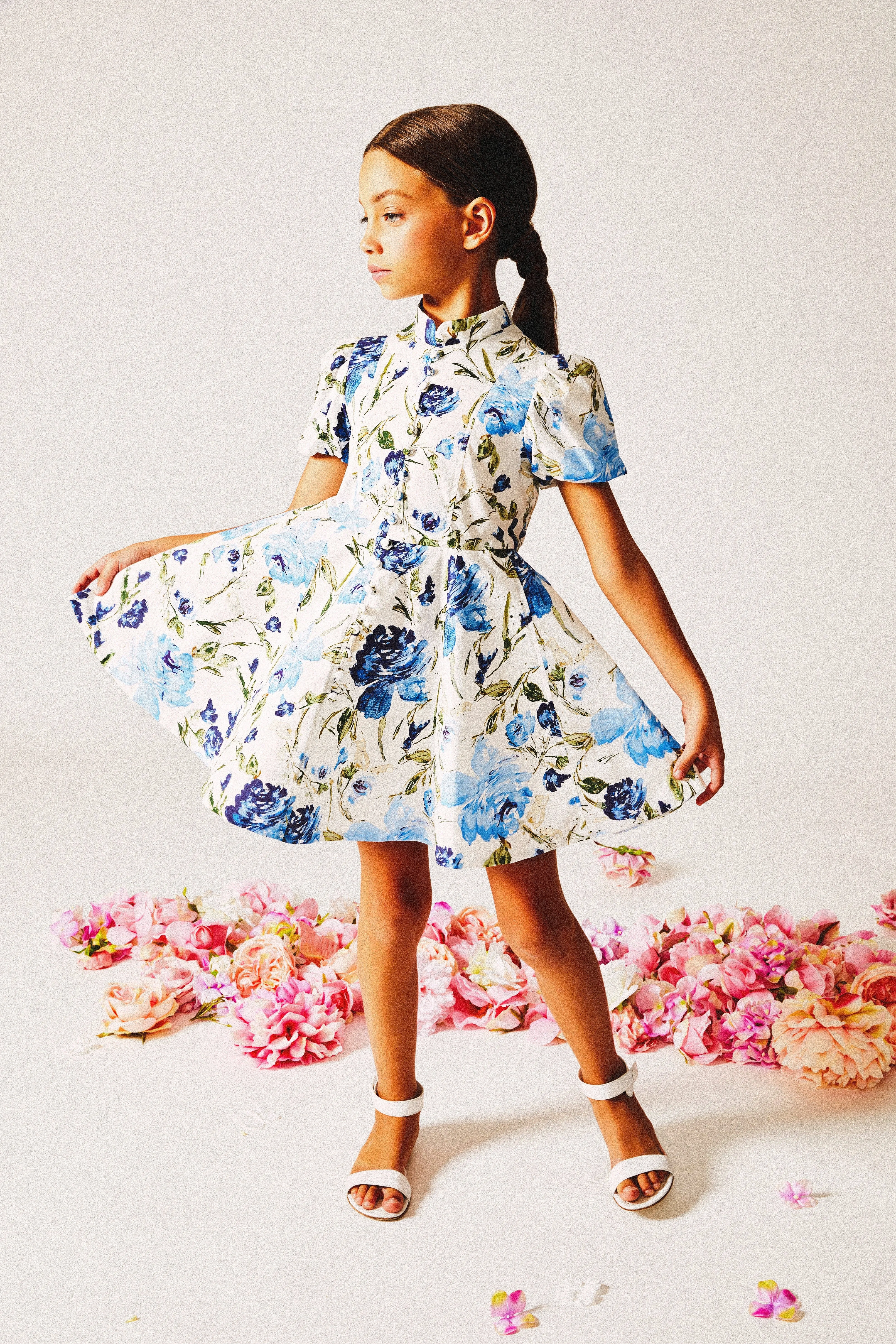 Marchesa Girls Floral Print Dress in Blue