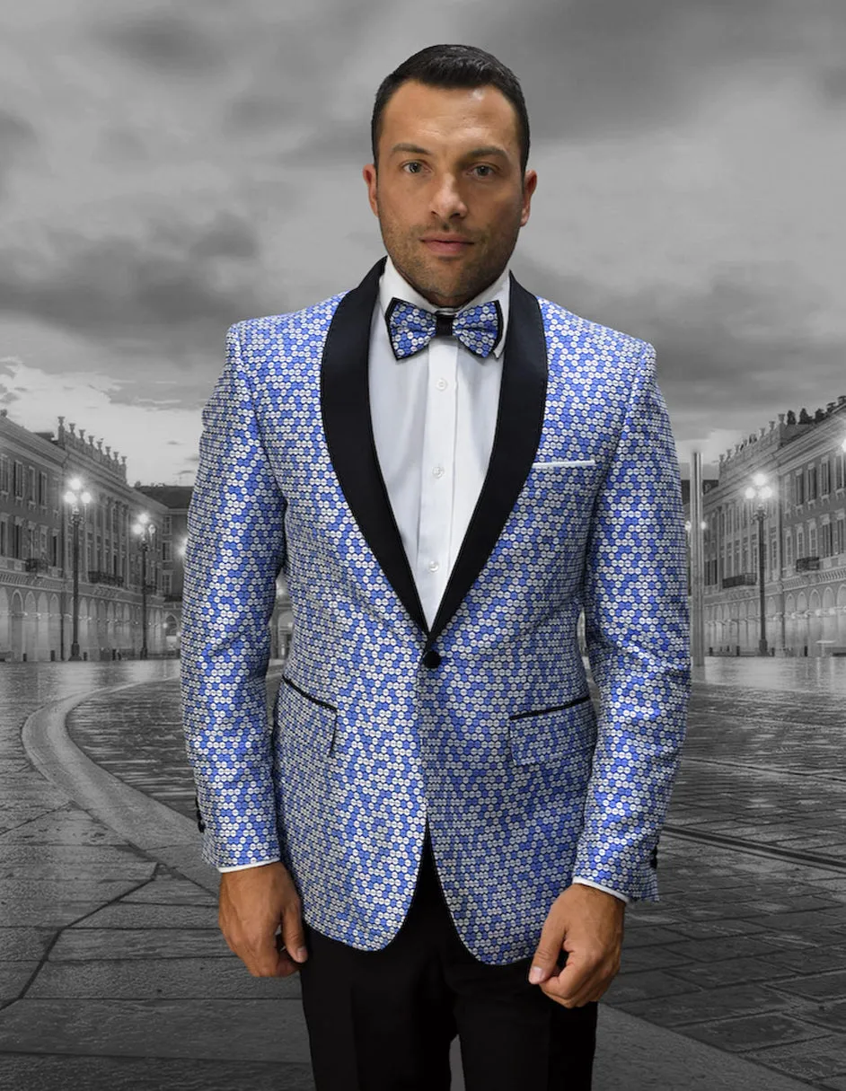 Mens Mini Circle Print Shawl Lapel Tuxedo in Royal Blue