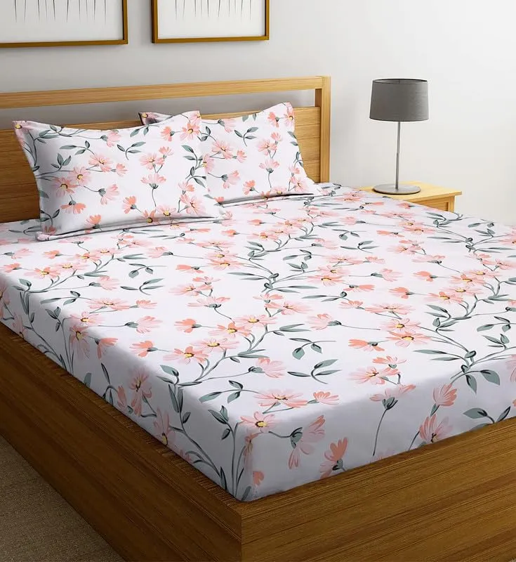 New Leaf Premium Cotton 210 TC Elastic Fitted Bedsheets with 2 Pillow Covers|King Bed with All Around Elastic Wrinklefree Supersoft Breathable |Size-78 x72 10 inches | Print Floral, White Pink Green