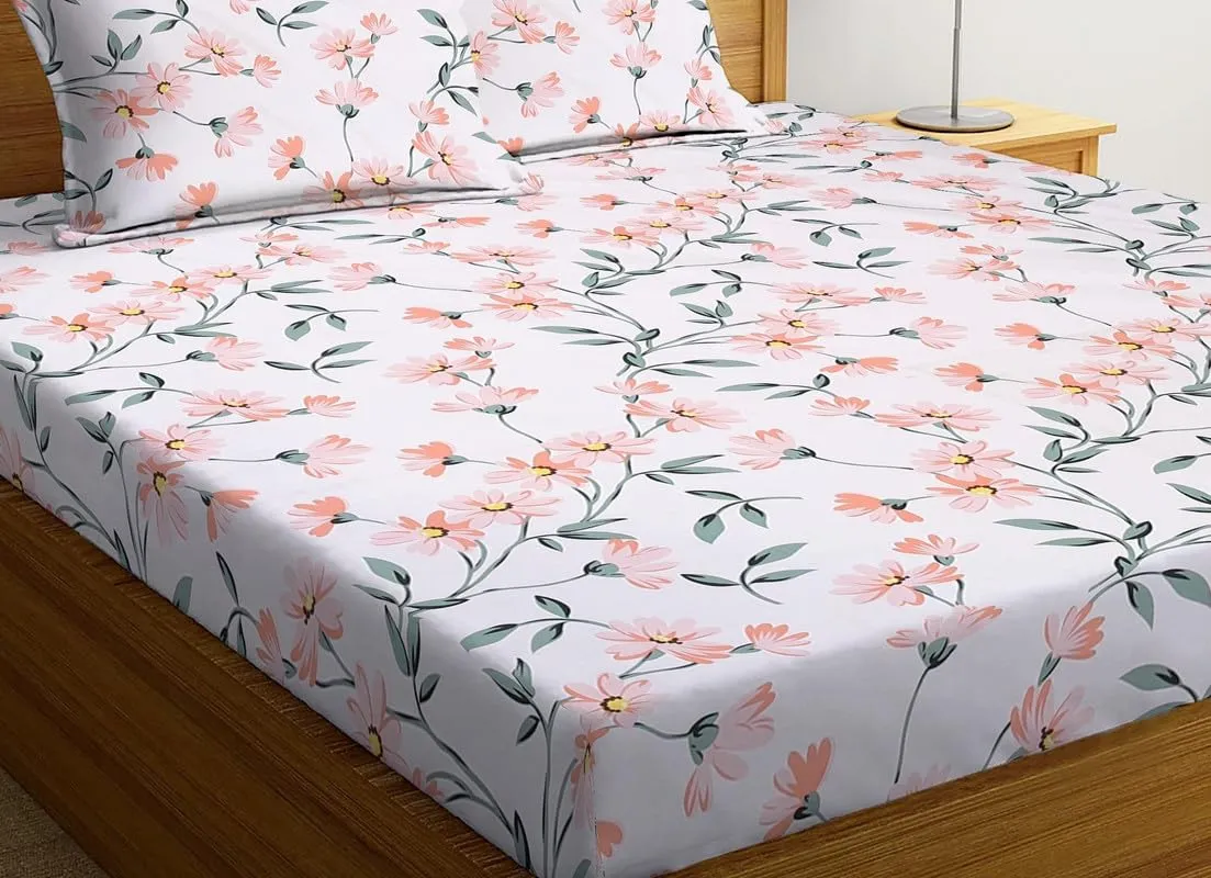 New Leaf Premium Cotton 210 TC Elastic Fitted Bedsheets with 2 Pillow Covers|King Bed with All Around Elastic Wrinklefree Supersoft Breathable |Size-78 x72 10 inches | Print Floral, White Pink Green