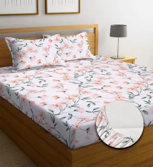 New Leaf Premium Cotton 210 TC Elastic Fitted Bedsheets with 2 Pillow Covers|King Bed with All Around Elastic Wrinklefree Supersoft Breathable |Size-78 x72 10 inches | Print Floral, White Pink Green