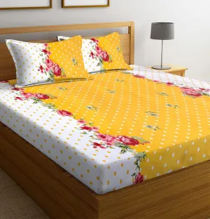 NHD HOME Premium Cotton Flat Double Bedsheets with 2 King Size Pillow Covers | Double Bed Breathable | Wrinklefree | Ultrasoft 220 TC Supersoft | 90x90 Inches, 7X7.5 Feet | Floral, White Yellow & Red