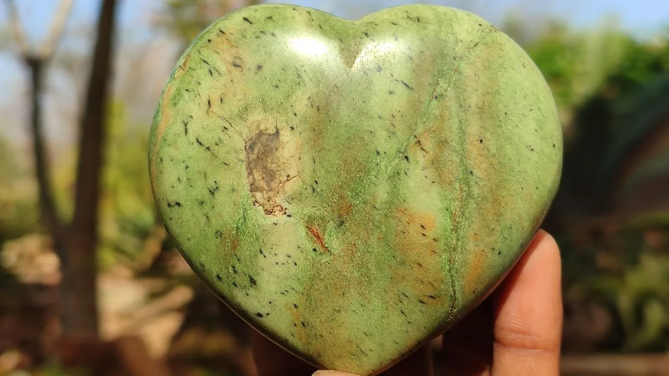 Polished Green Chrysoprase Hearts & Standing Free Forms  x 6 From Antsirabe, Madagascar