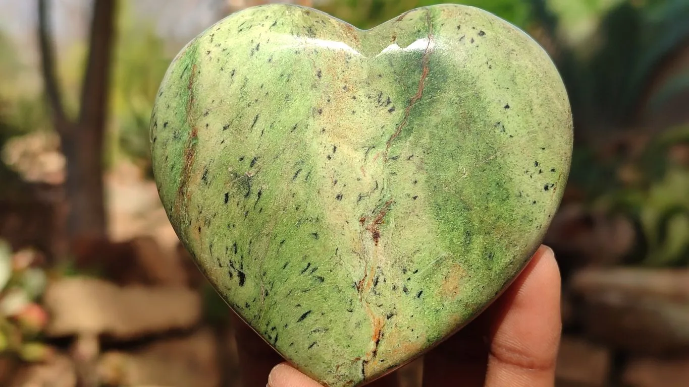 Polished Green Chrysoprase Hearts & Standing Free Forms  x 6 From Antsirabe, Madagascar