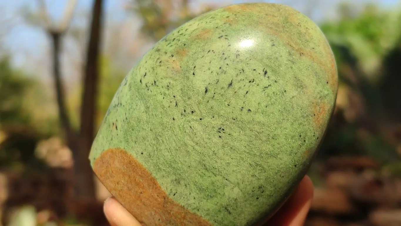 Polished Green Chrysoprase Hearts & Standing Free Forms  x 6 From Antsirabe, Madagascar