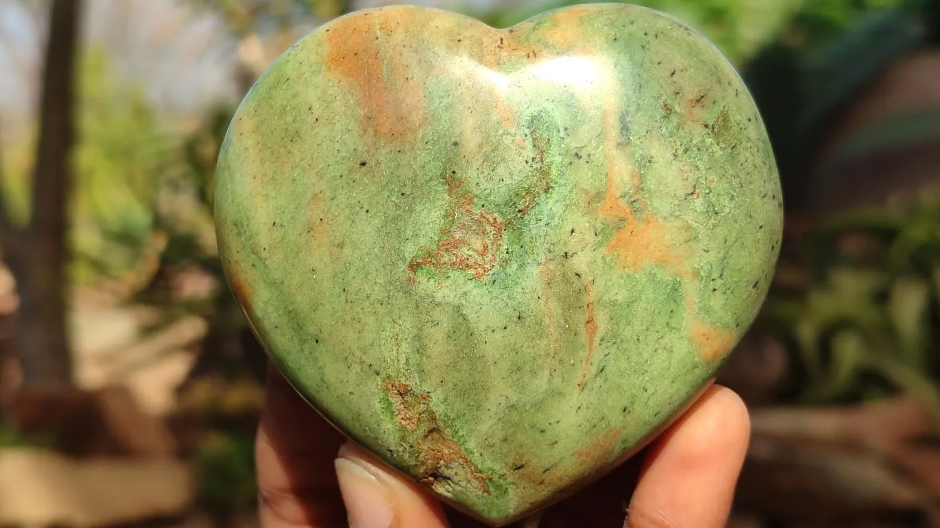 Polished Green Chrysoprase Hearts & Standing Free Forms  x 6 From Antsirabe, Madagascar