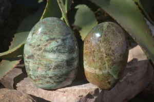 Polished Green Chrysoprase Standing Free Forms  x 3 From Ambatondrazaka, Madagascar