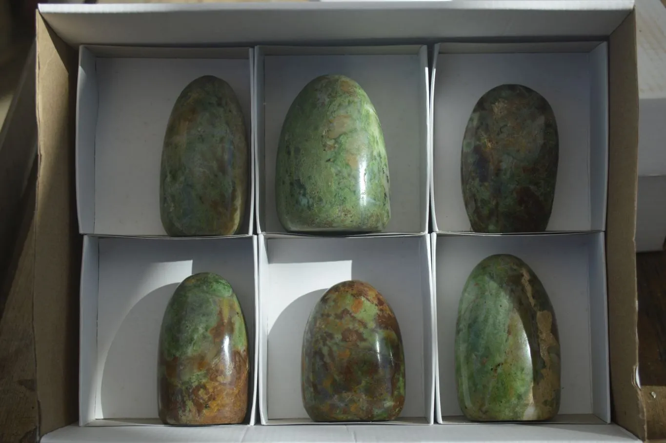 Polished Green Chrysoprase Standing Free Forms  x 6 From Madagascar