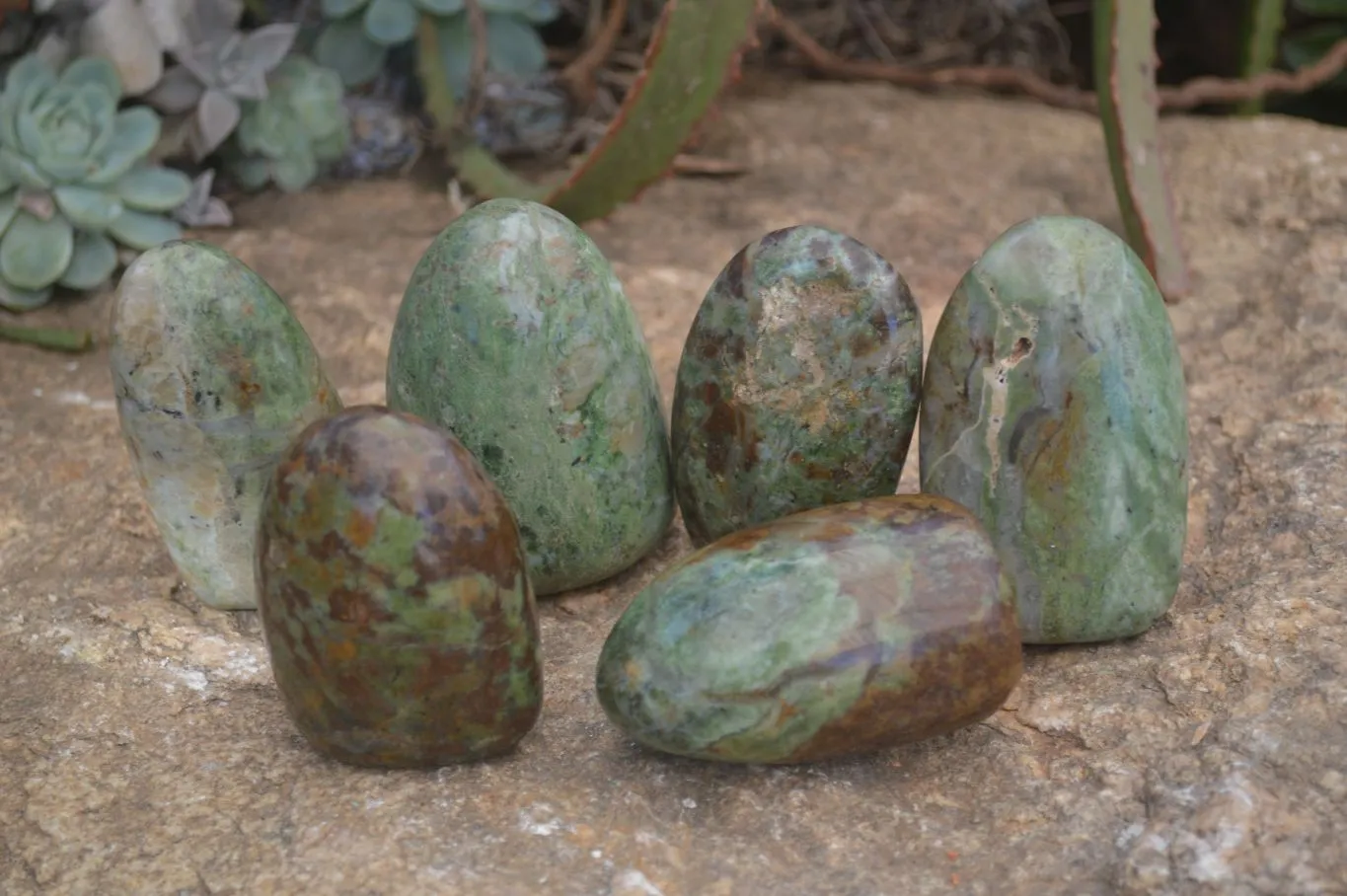 Polished Green Chrysoprase Standing Free Forms  x 6 From Madagascar