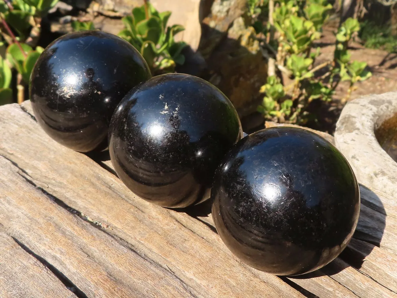 Polished  Schorl Black Tourmaline Spheres x 3 From Madagascar