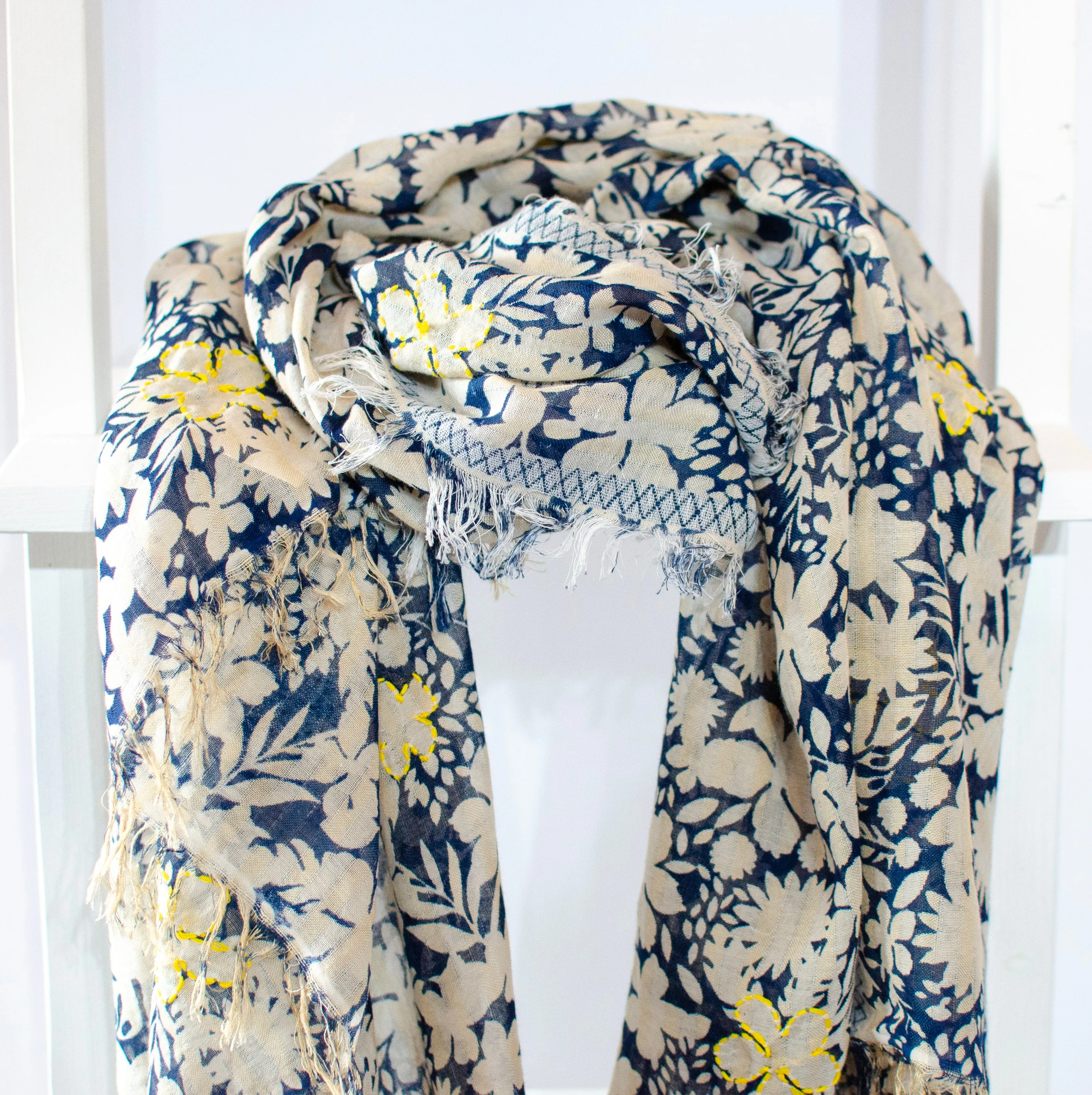 'Primrose' Cotton Hand-embroidered Scarf