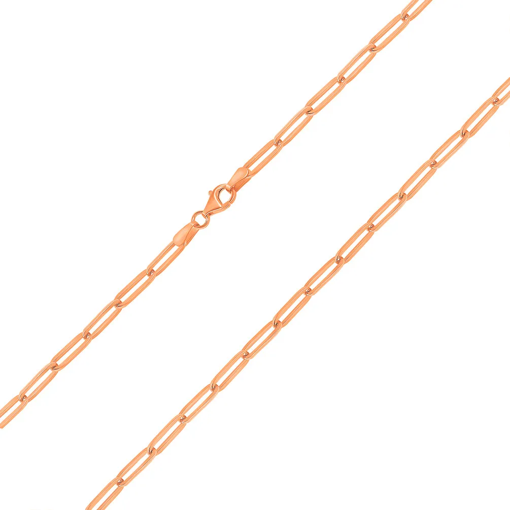 Solid 14k Rose Gold Polished 3mm Paperclip Chain Link Necklace with Lobster Clasp