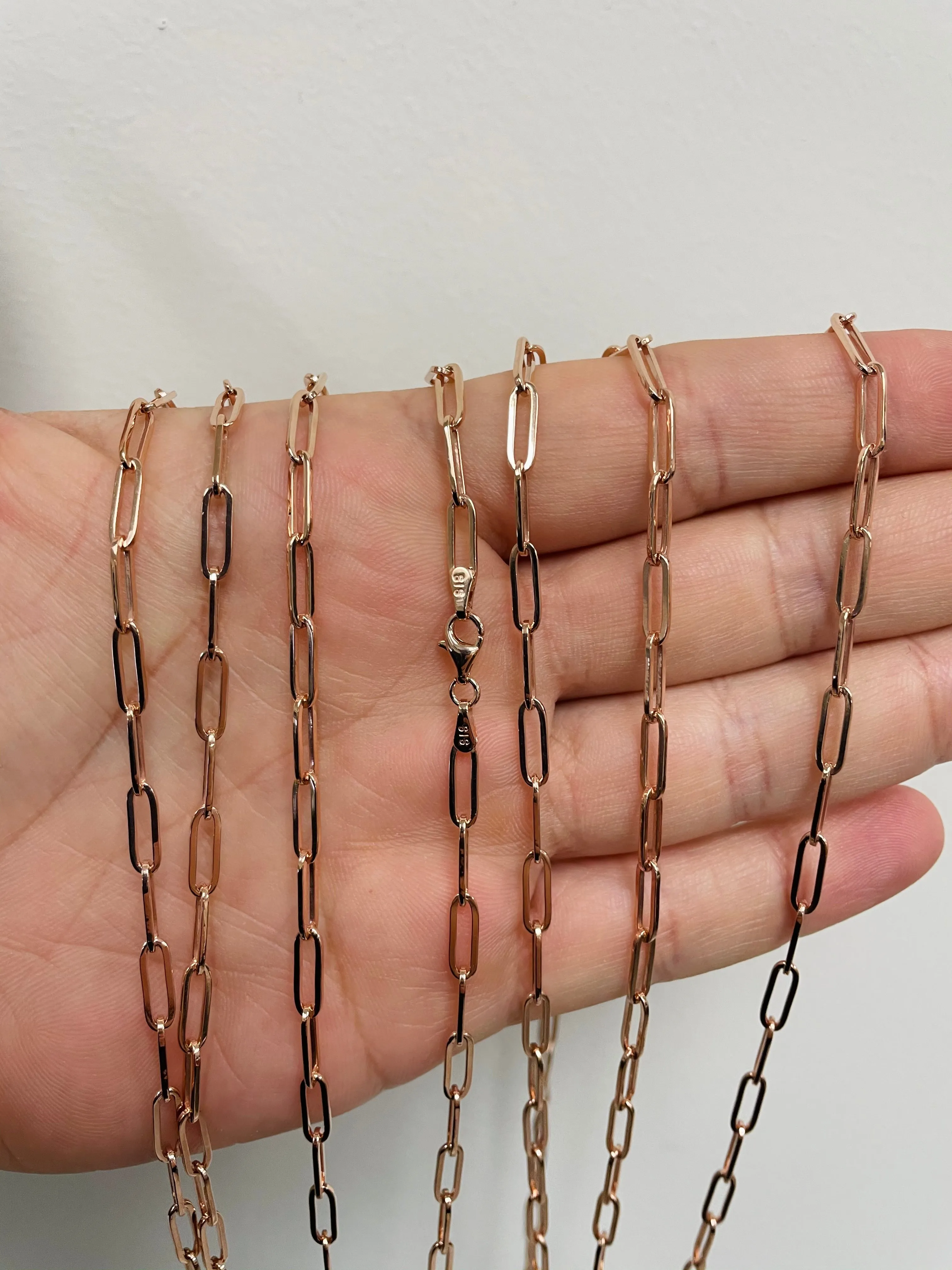 Solid 14k Rose Gold Polished 3mm Paperclip Chain Link Necklace with Lobster Clasp