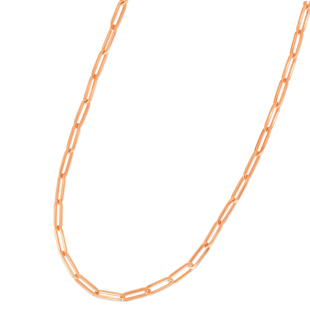 Solid 14k Rose Gold Polished 3mm Paperclip Chain Link Necklace with Lobster Clasp