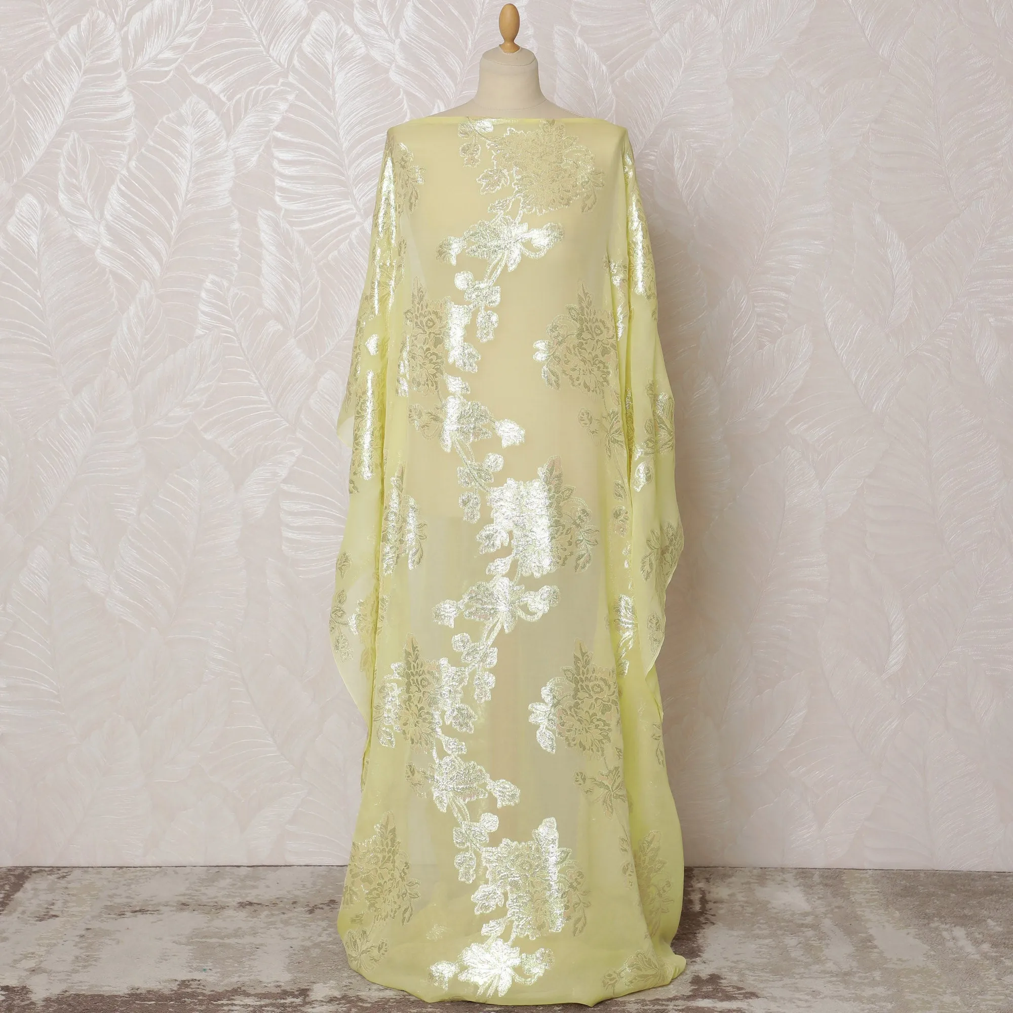 Traditional Somali Dirac Fabric in Pure Silk Chiffon with Metallic Lurex, Lemon Yellow and Silver, 3.5 Meters, 140 cm Width-D19877