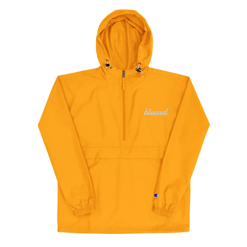 Yellow Cursive Blessed Embroidered Champion Packable Jacket